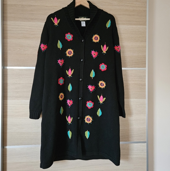Bob Mackie Wearable Art Vintage Embroidered Long Cardigan Sweater Black Size L